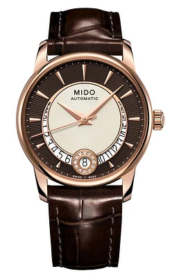 MIDO Baroncelli Automatic Diamond Leather Strap Watch, 33mm in Brown/Rose Gold at Nordstrom