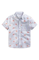 Mini Boden Kids' Stripe Prawn Embroidered Short Sleeve Linen & Cotton Button-Down Shirt Surf Blue Prawns at Nordstrom,