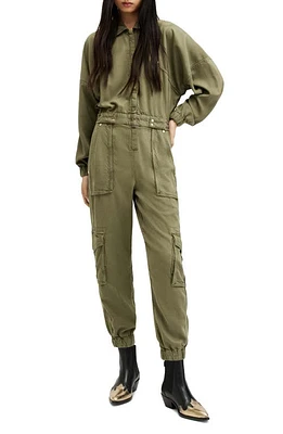 AllSaints Frieda Long Sleeve Denim Jumpsuit Khaki Green at Nordstrom, Us