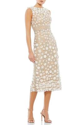 Mac Duggal Beaded Floral Appliqué Midi Sheath Dress Ivory Nude at Nordstrom,