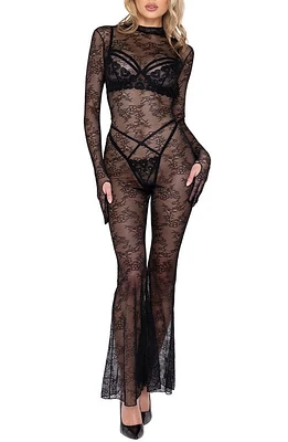 Roma Confidential Floral Long Sleeve Lace Bell Bottom Catsuit Black at Nordstrom,