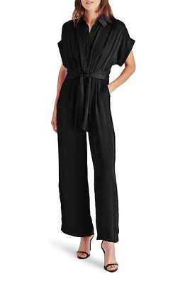 Steve Madden Tori Tie Waist Wide Leg Satin Jumpsuit Black at Nordstrom,