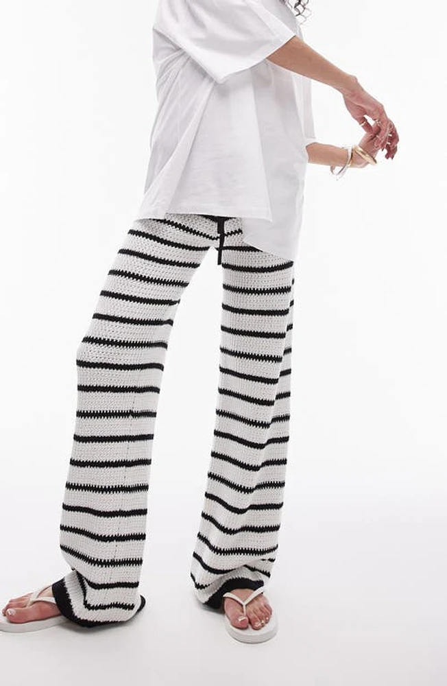 Topshop Stripe Open Stitch Knit Drawstring Pants in White Multi at Nordstrom, Size Medium