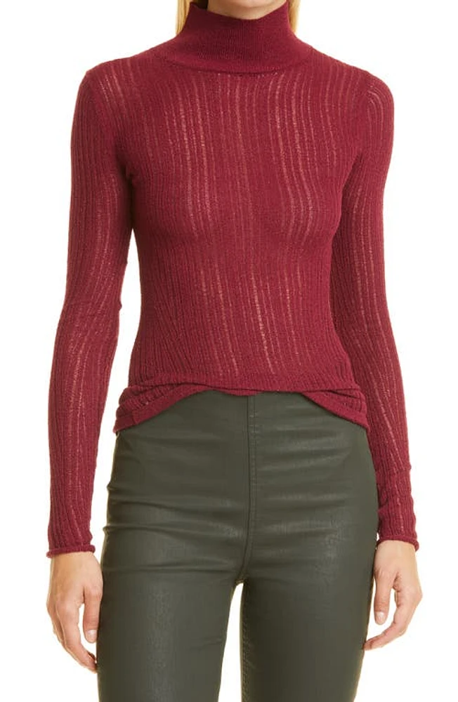 rag & bone Lexi Semisheer Cotton Blend Rib Turtleneck Top Plum at Nordstrom,