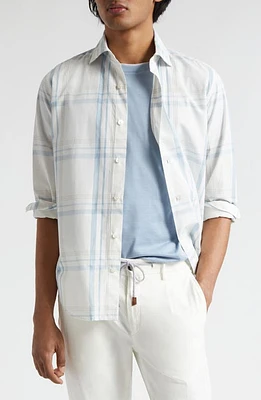 Eleventy Plaid Cotton Button-Up Shirt White And Denim at Nordstrom,