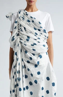 Tao Comme des Garçons Polka Dot Shirred Asymmetric One-Shoulder Cotton Dress White/Indigo at Nordstrom,