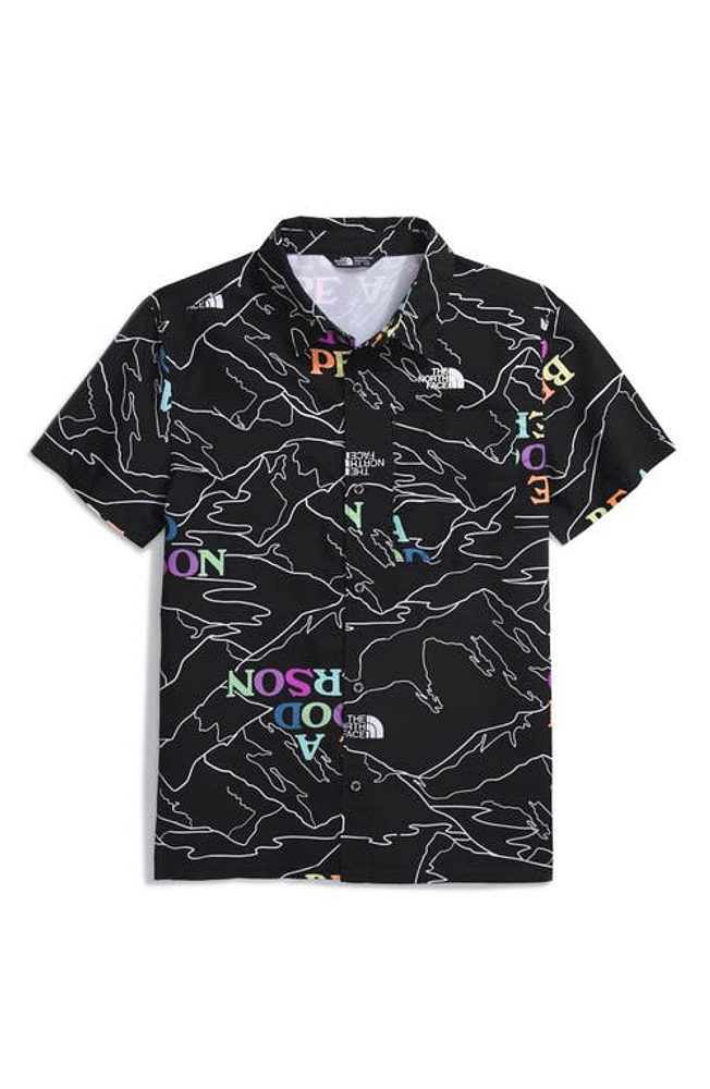 The North Face Kids' Amphibious Print Short Sleeve Button-Up Shirt Black Be A Good Person at