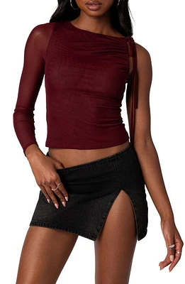 EDIKTED Jupiter Asymmetric Mesh Sleeve Top Burgundy at Nordstrom,