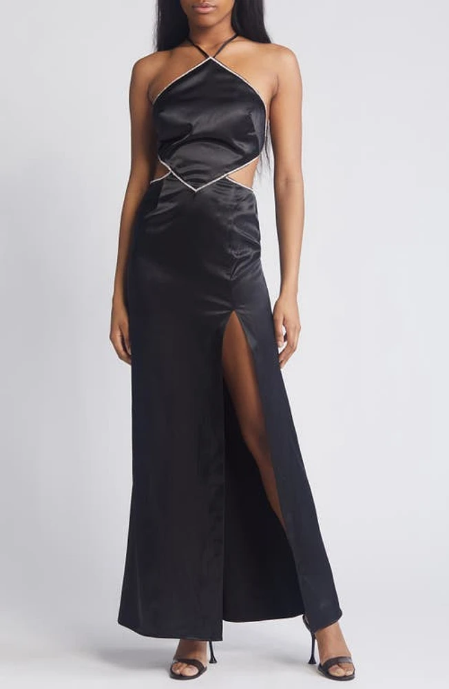 Morgan & Co. Embellished Trim Cutout Satin Halter Gown Black at Nordstrom,