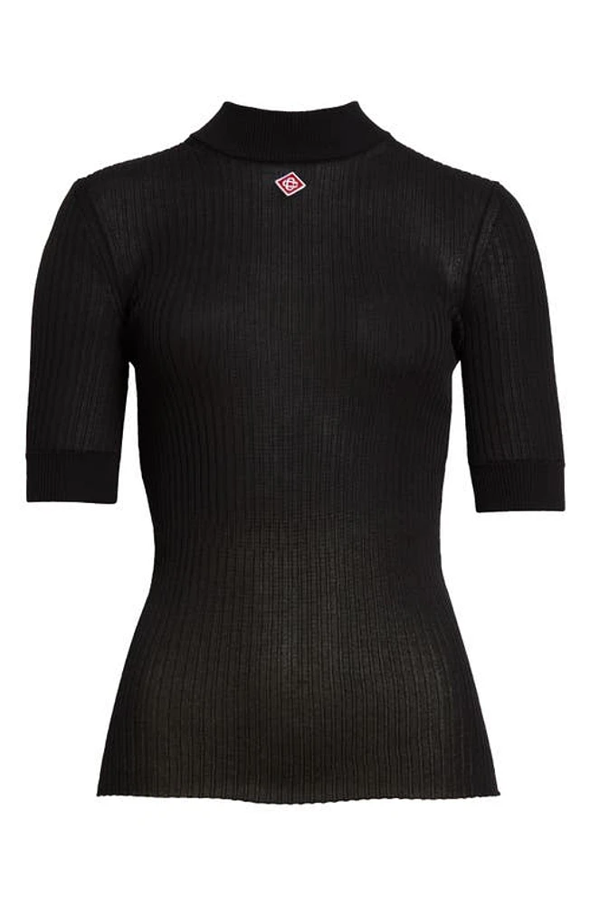 Casablanca Logo Semisheer Rib Knit Top Black at Nordstrom,