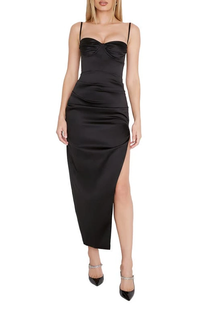 HOUSE OF CB Flora Pleated Satin Midi Dress in Black Plus Cup at Nordstrom, Size X-Small D