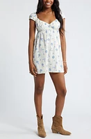 BP. Floral Empire Waist Minidress Ivory- Blue Lg Summer Garden at Nordstrom,