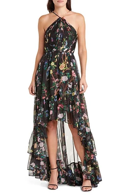 Marchesa Notte Floral Halter High-Low Cocktail Dress Black Combo at Nordstrom,