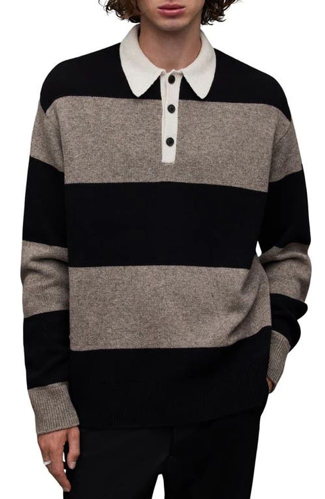 AllSaints Jax Stripe Wool & Cotton Polo Sweater in Black/Fawn Brown at Nordstrom, Size X-Large