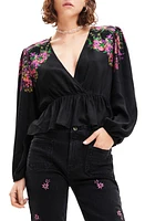 Desigual Blus Lorna Floral Print Peplum Top Black at Nordstrom,