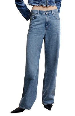 MANGO High Waist Distressed Hem Wide Leg Jeans in Dark Blue at Nordstrom, Size 4