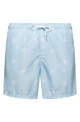 Eton Palm Tree Print Swim Trunks Blue at Nordstrom,