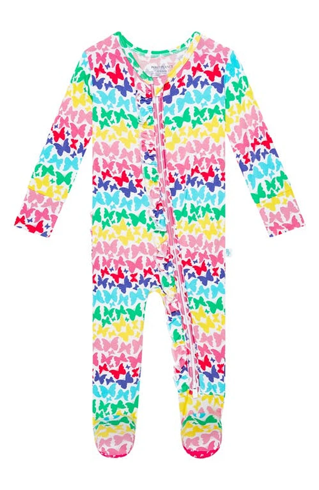 Posh Peanut Rainbow Butterfly Print Ruffle Fitted Footie Pajamas Open White at Nordstrom,