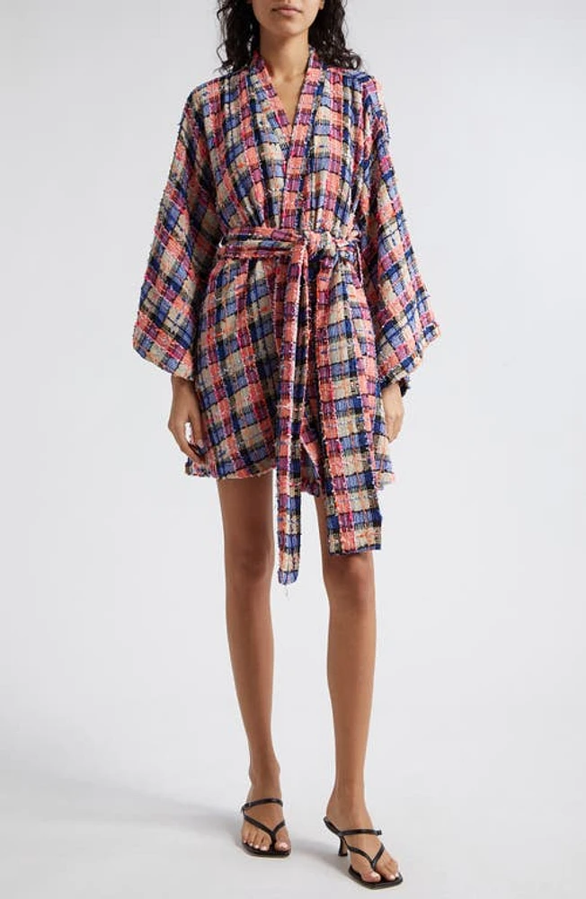 La Vie Style House Plaid Tweed Long Sleeve Wrap Minidress in Orange/Blue/Pink at Nordstrom