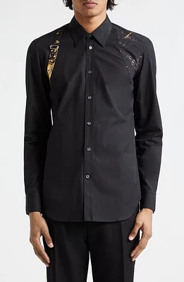 Alexander McQueen Harness Fold Print Cotton Poplin Button-Up Shirt in Black at Nordstrom, Size 16.5