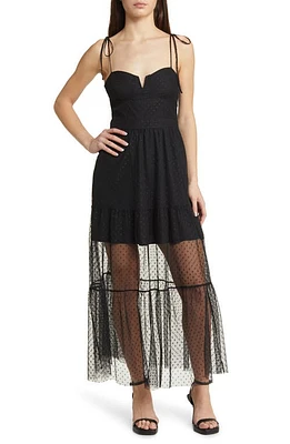 Lulus Romantic Spot Tie Strap Mesh Maxi Dress Black Polka Dot at Nordstrom,