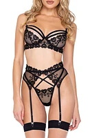 Roma Confidential Rebel Heart Mesh Underwire Bra, Garter Belt & Thong Set Black at Nordstrom,