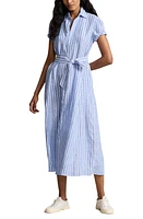 Polo Ralph Lauren Ashton Stripe Tie Waist Linen Midi Shirtdress Lake Blue/White at Nordstrom,