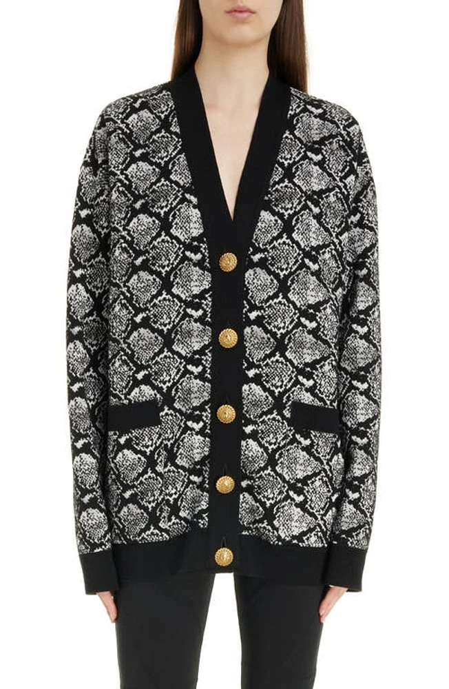 Balmain Python Pattern Merino Wool Blend Cardigan Black/White/Grey at Nordstrom, Us