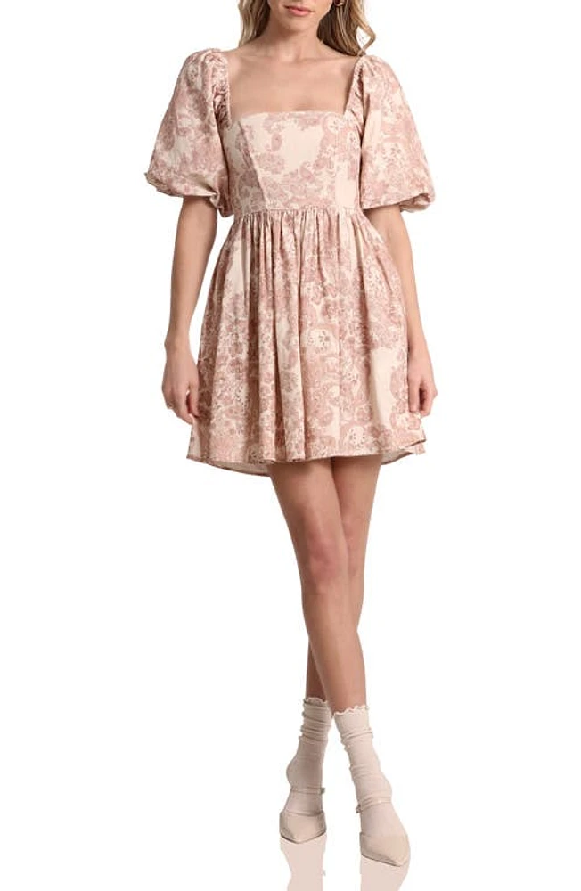 Avec Les Filles Print Puff Sleeve Linen Blend Minidress Spring Paisley Neutral at Nordstrom,