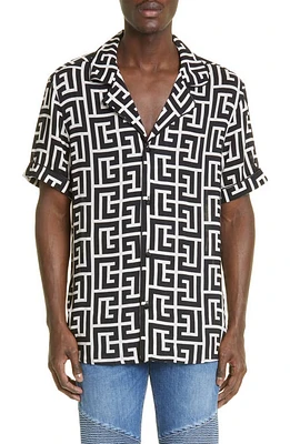 Balmain Macro Monogram Short Sleeve Camp Shirt in Ivory/Black at Nordstrom, Size 40 Eu