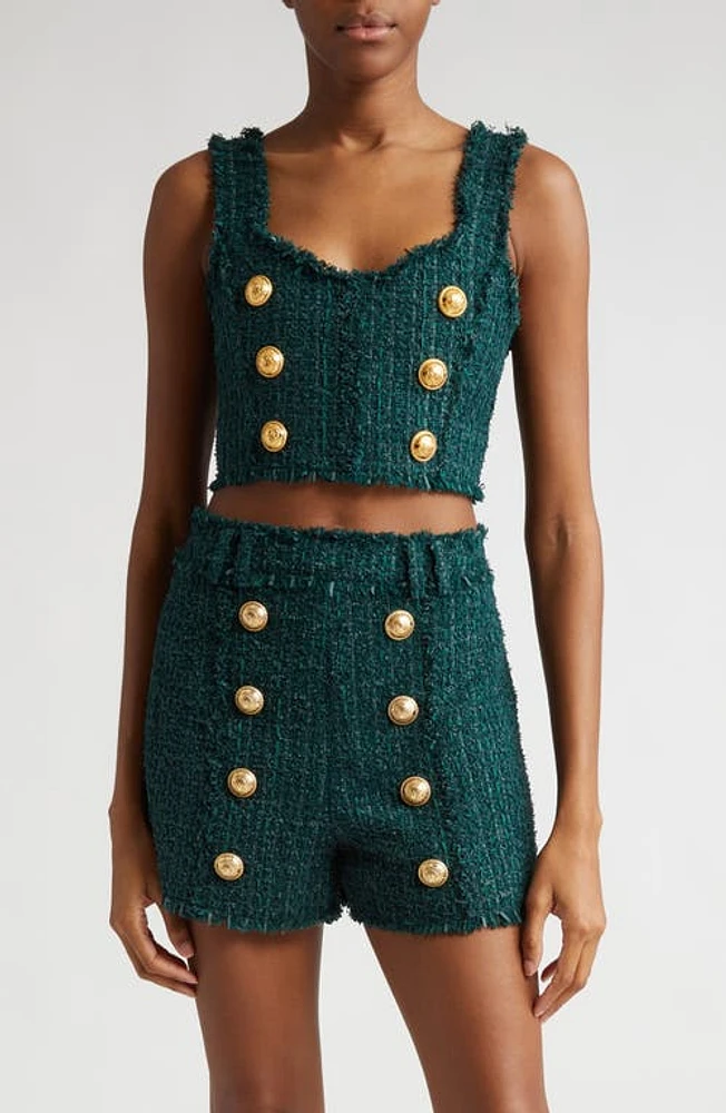 Balmain Six-Button Tweed Crop Top Dark Green at Nordstrom, Us