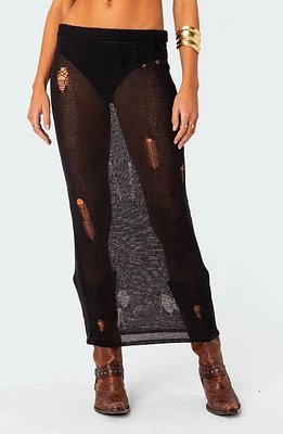 EDIKTED Britt Distressed Maxi Skirt Black at Nordstrom,