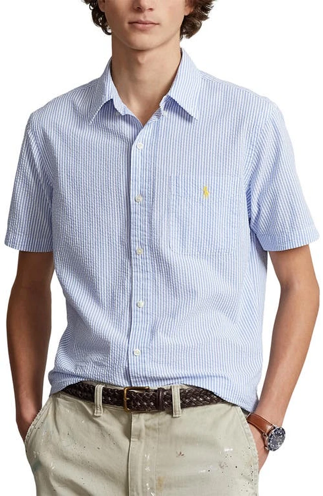 Polo Ralph Lauren Prepster Classic Fit Stripe Short Sleeve Seersucker Button-Down Shirt Blue/White at Nordstrom,