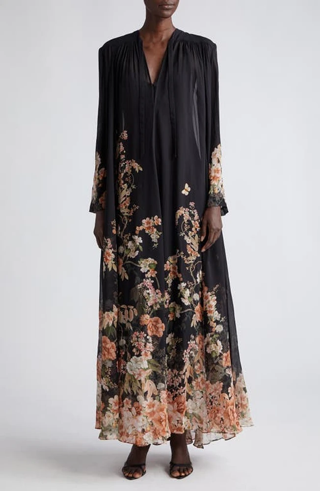 Zimmermann Natura Floral Print Long Sleeve Maxi Dress Coral Garden Black at Nordstrom,