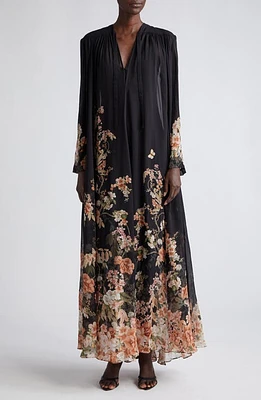 Zimmermann Natura Floral Print Long Sleeve Maxi Dress Coral Garden Black at Nordstrom,