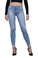 Good American Petite Distressed Hem Skinny Jeans Blue386 at Nordstrom,