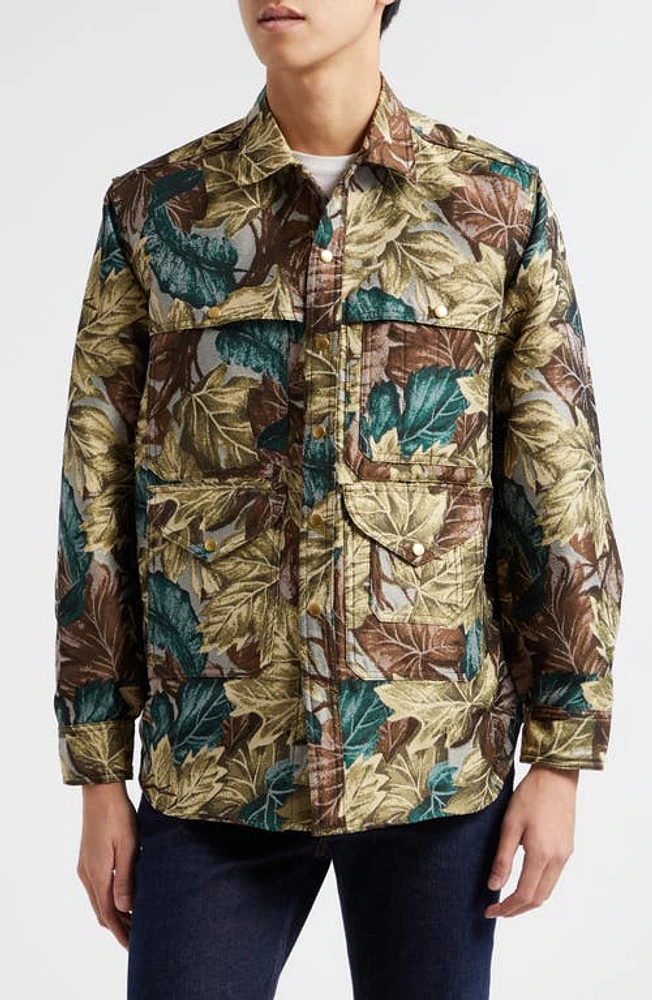 BEAMS Adventure Leaf Print Utility Overshirt Olive 67 at Nordstrom,