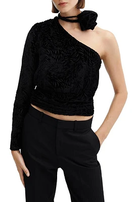 MANGO Floral Burnout One Shoulder Velvet Top Black at Nordstrom,