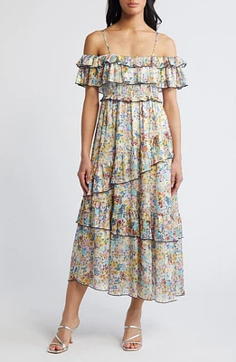 BTFL-life Cold Shoulder Metallic Ruffle Maxi Dress Ivory Multi at Nordstrom,