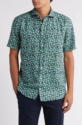 Eton Slim Fit Kiwi Print Short Sleeve Linen Button-Up Shirt Medium Green at Nordstrom, - R