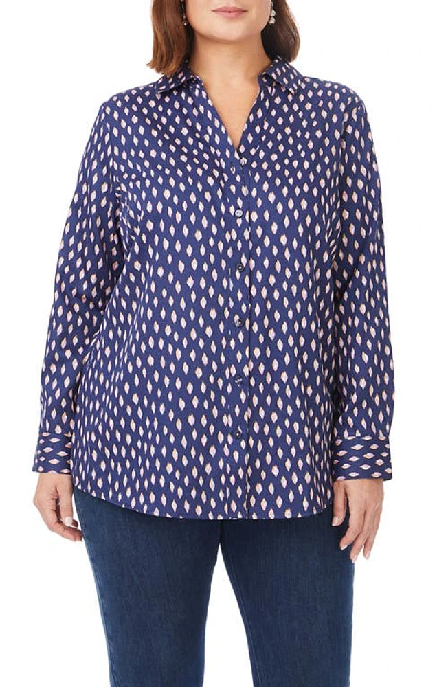 Foxcroft Faith Ikat Dot Button-Up Shirt in Navy Multi at Nordstrom, Size 14W