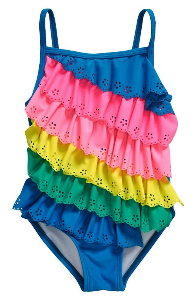 Flapdoodles Kids' Ruffle Colorblock One-Piece Swimsuit Blue/Pink Multi at Nordstrom,