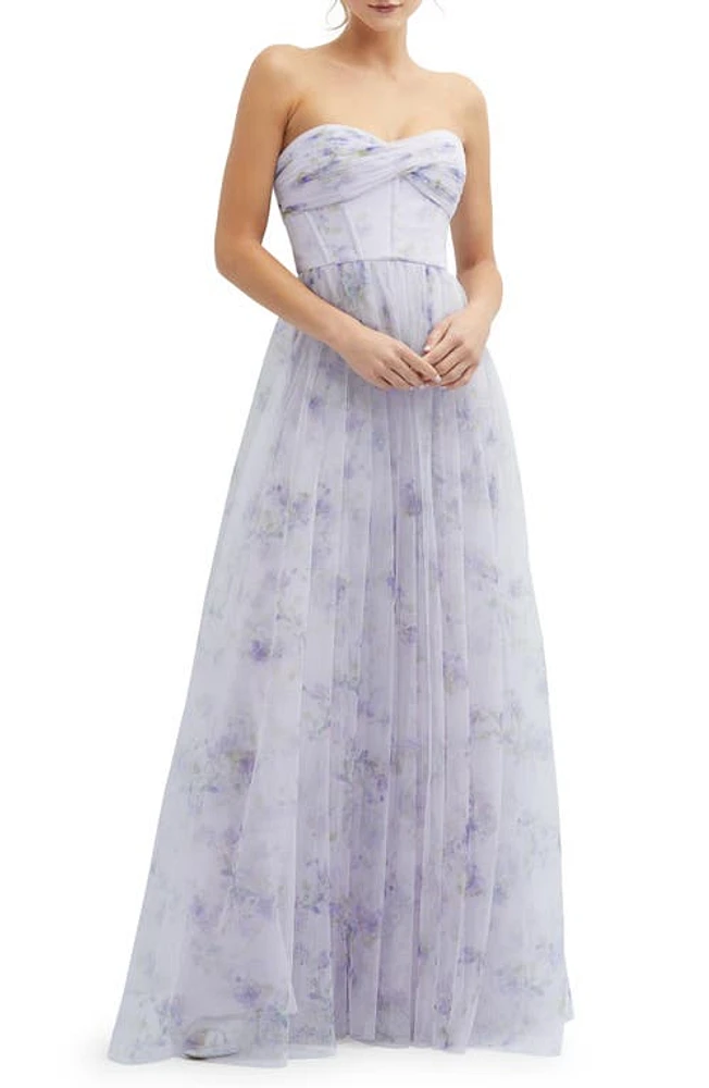 Dessy Collection Floral Print Strapless Tulle Lilac Haze Garden at Nordstrom,