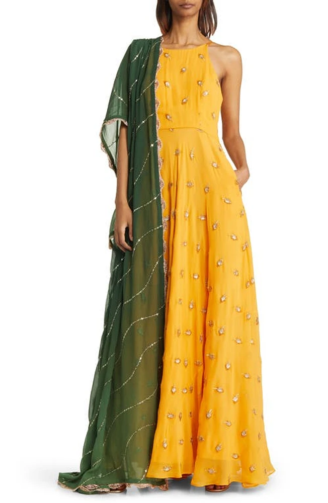 Sani Nila Anarkali with Dupatta Marigold/Green at Nordstrom,