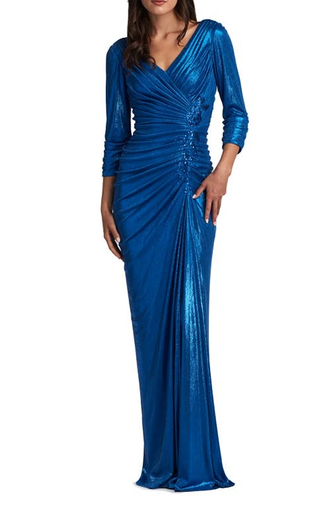 Tadashi Shoji Ruched Metallic Three-Quarter Sleeve Gown in Pacific Blue at Nordstrom, Size X-Large