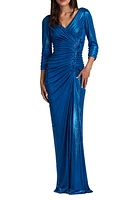 Tadashi Shoji Ruched Metallic Three-Quarter Sleeve Gown in Pacific Blue at Nordstrom, Size X-Large