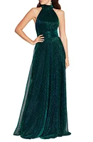 Betsy & Adam Metallic Sleeveless Halter Neck Open Back Gown Jade at Nordstrom,