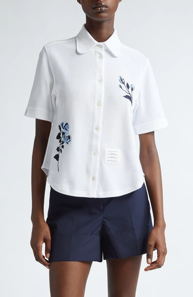 Thom Browne Embroidered Short Sleeve Cotton Button-Up Shirt White at Nordstrom, Us