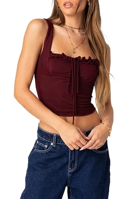 EDIKTED Aurelia Ruffle Trim Crop Corset Top Burgundy at Nordstrom,