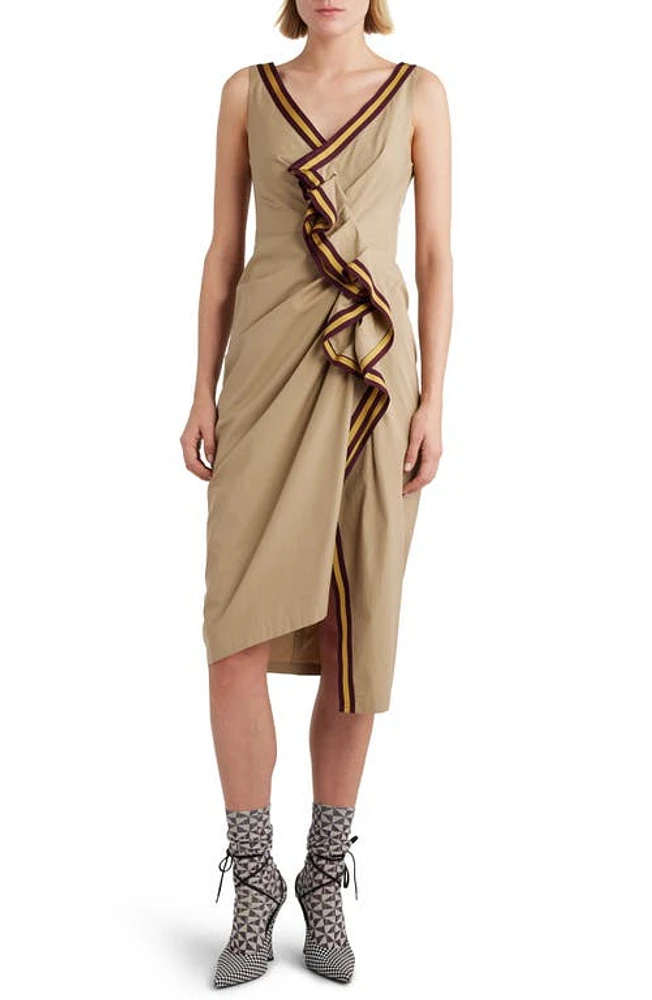 Dries Van Noten Rugby Stripe Trim Asymmetric Ruffle Cotton Poplin Dress Beige at Nordstrom, Us